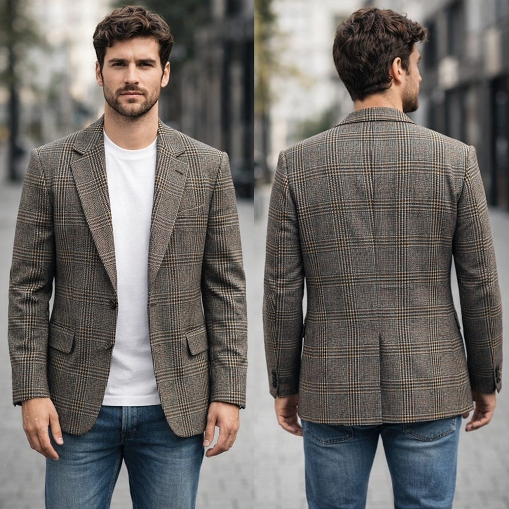 Stanley Blacker Glen Plaid Blazer Mens Large Classic Fit Brown Blue Windowpane S